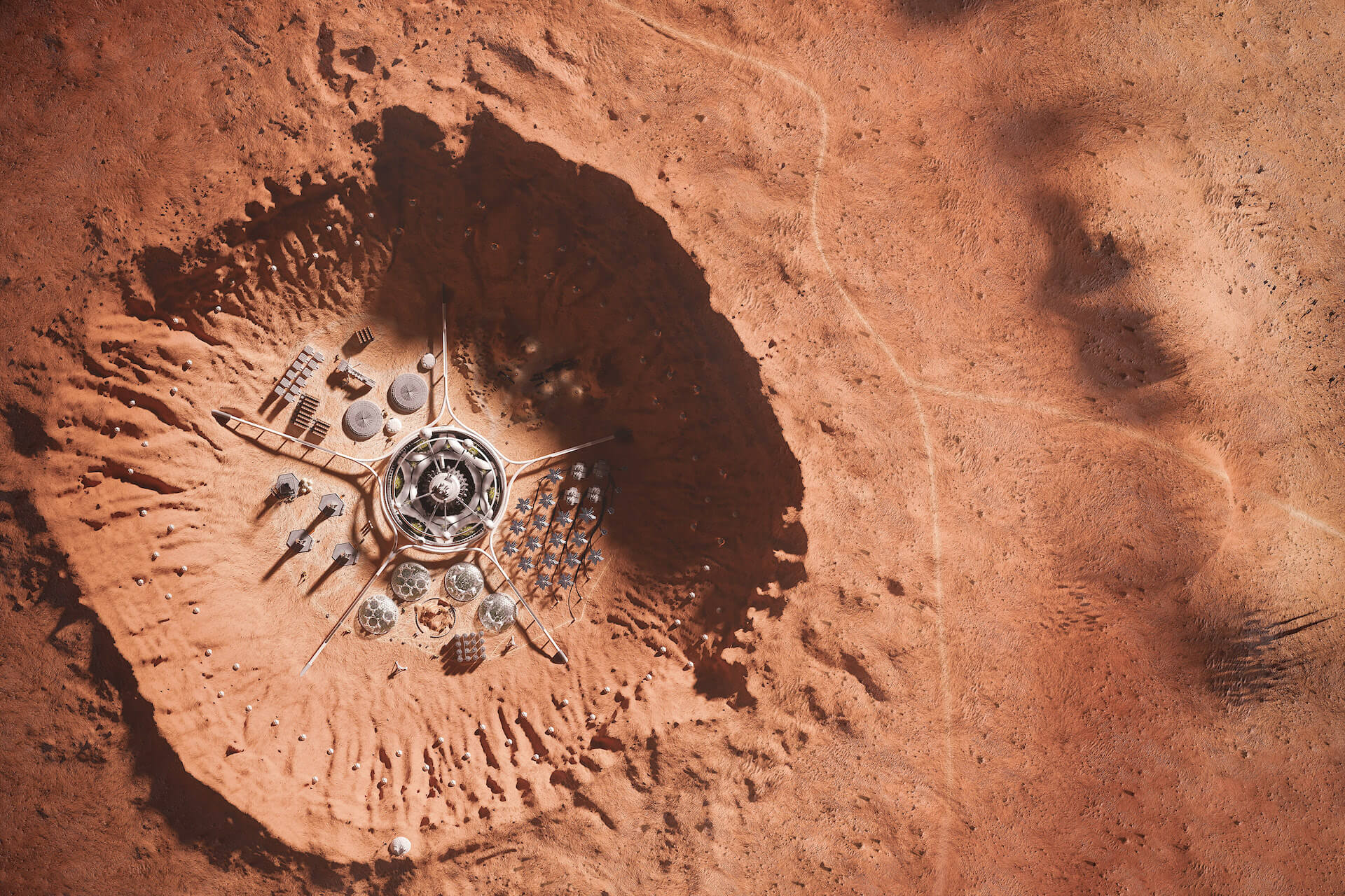 Bird's-eye view of a martian colony.